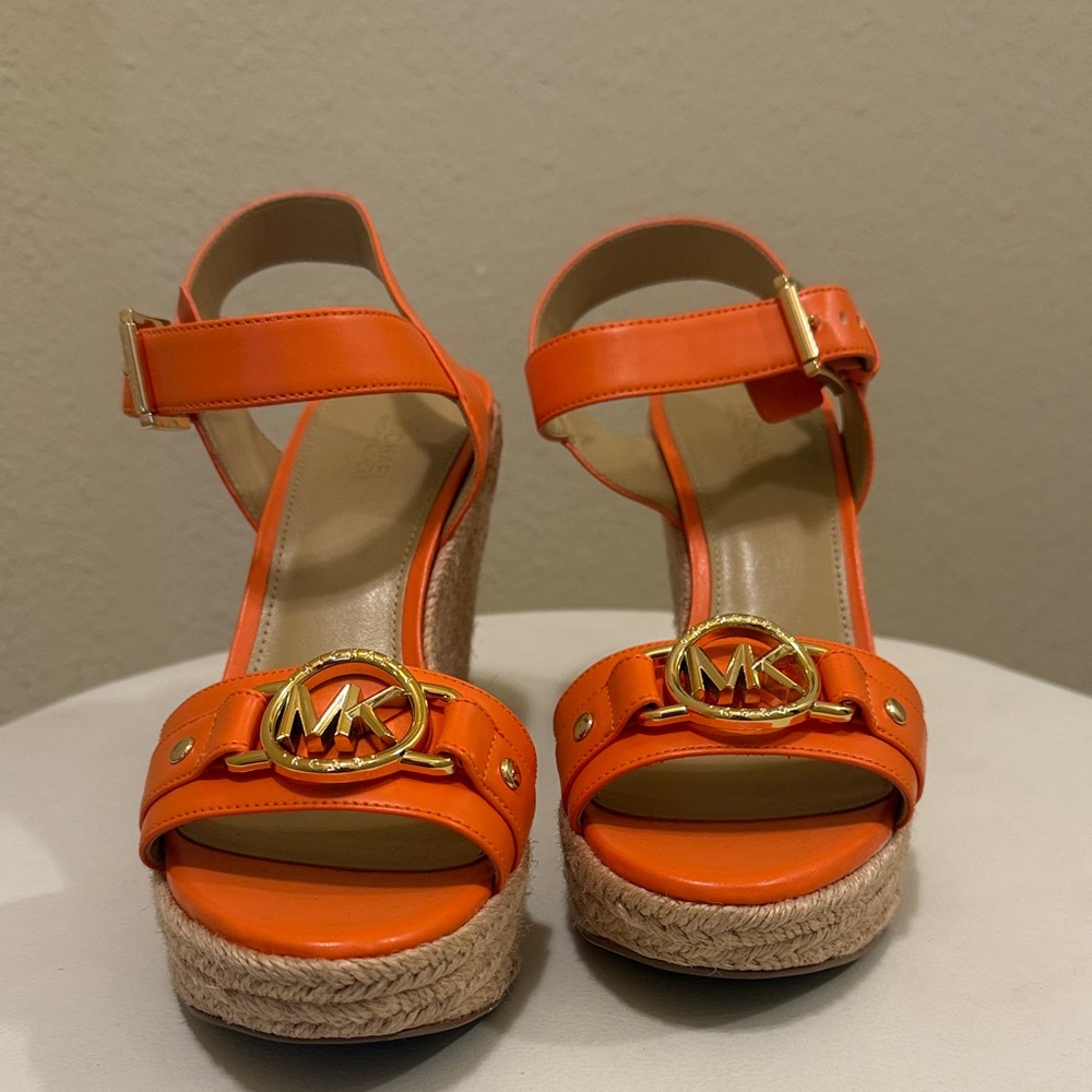 #244. Michael Kors Orange Platform Espadrille Wedges with Gold MK Hardware - Picture 2 of 5